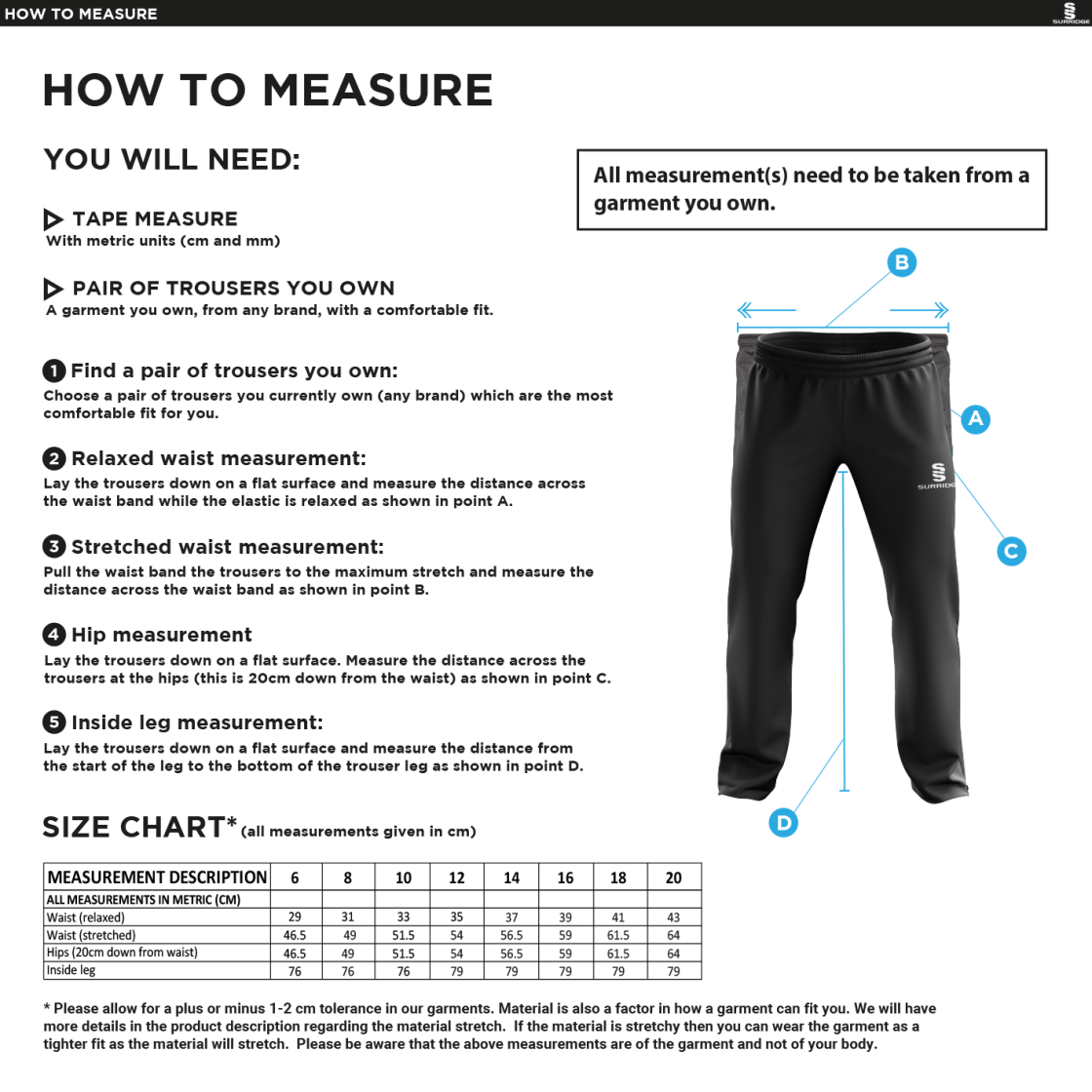 Totteridge Millhillians CC - Women's Rip stop Tracksuit Pants - Size Guide