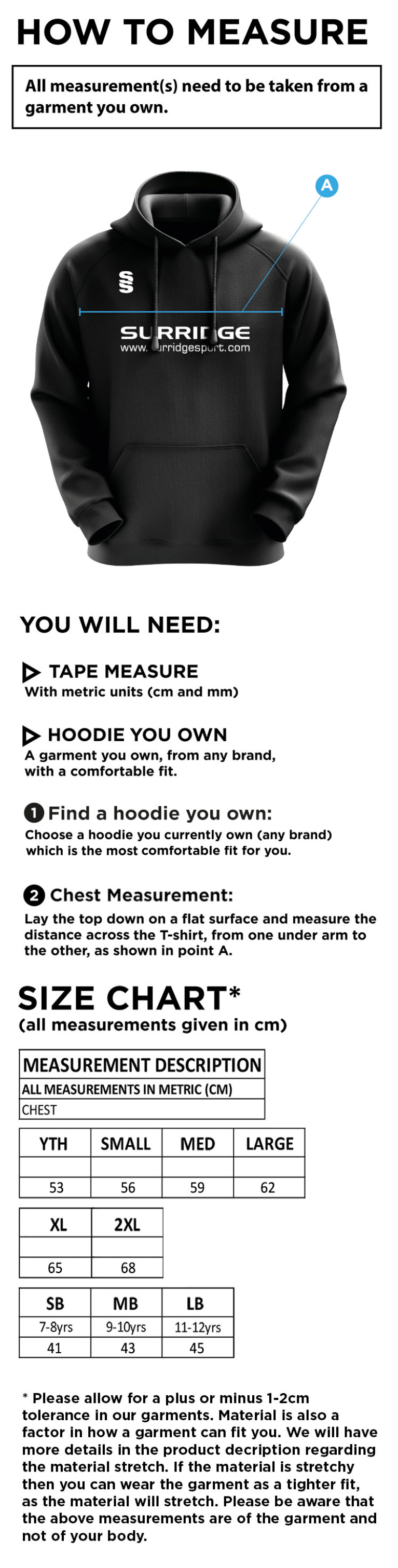 Totteridge Millhillians CC - Blade Hoody - Size Guide