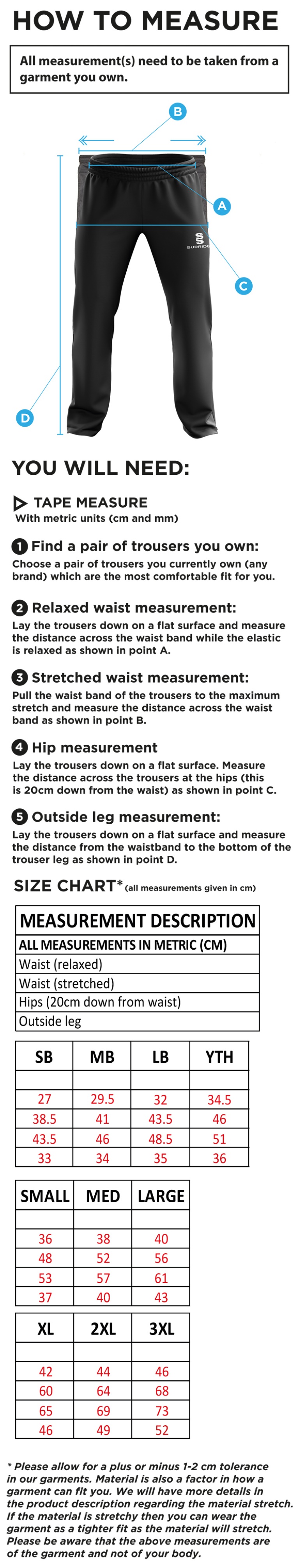 Totteridge Millhillians CC - Rip stop Tracksuit Pants - Size Guide