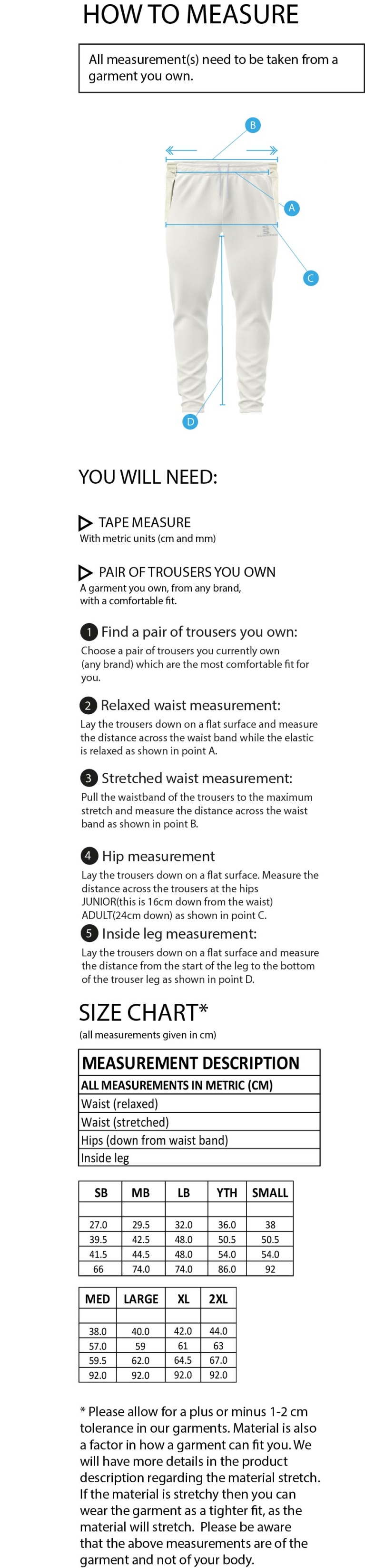 Totteridge Millhillians CC - Blade Playing Pants - Size Guide