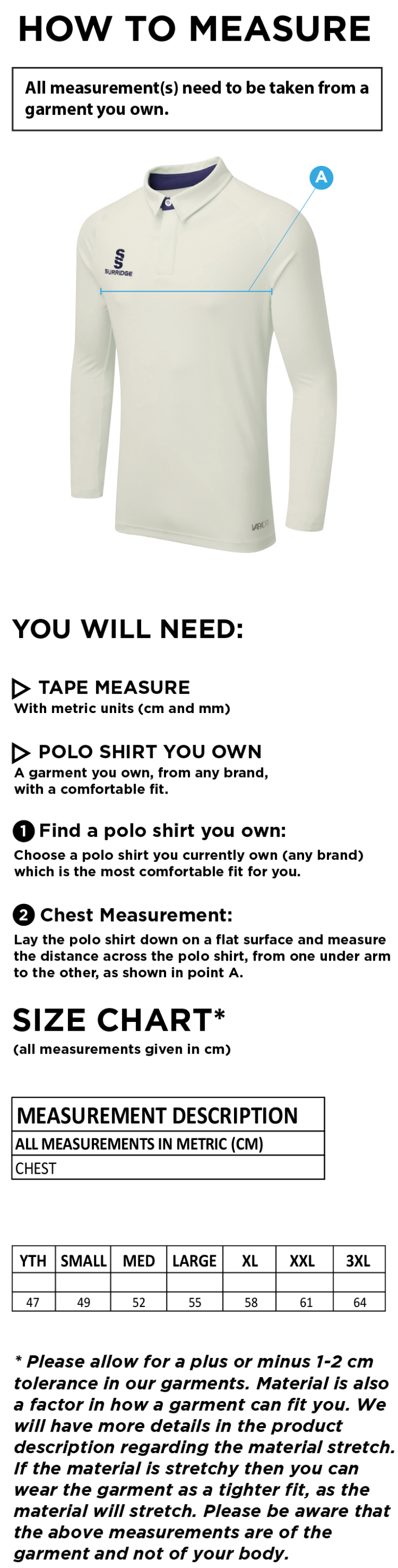 Totteridge Millhillians CC - Long Sleeve Tek Shirt - Size Guide