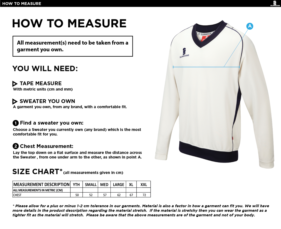 Totteridge Millhillians CC - Long Sleeve Sweater - Size Guide