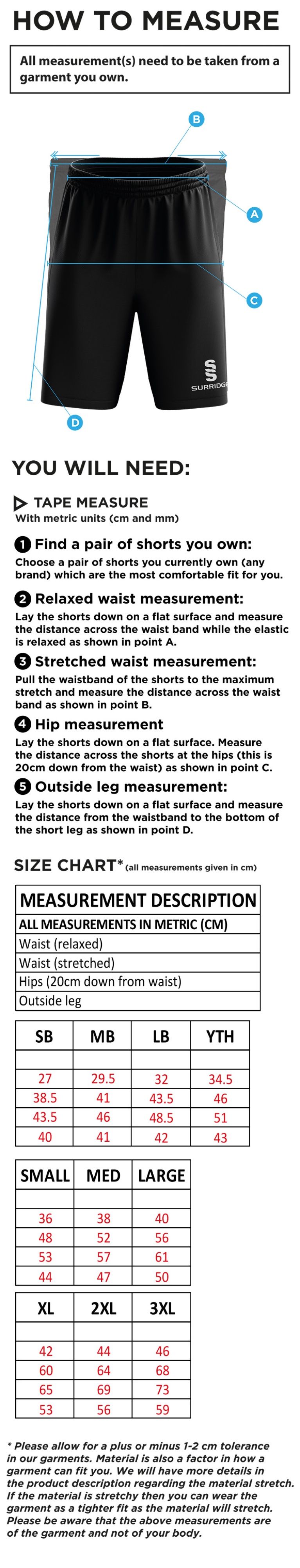 Totteridge Millhillians CC - Blade Shorts - Size Guide