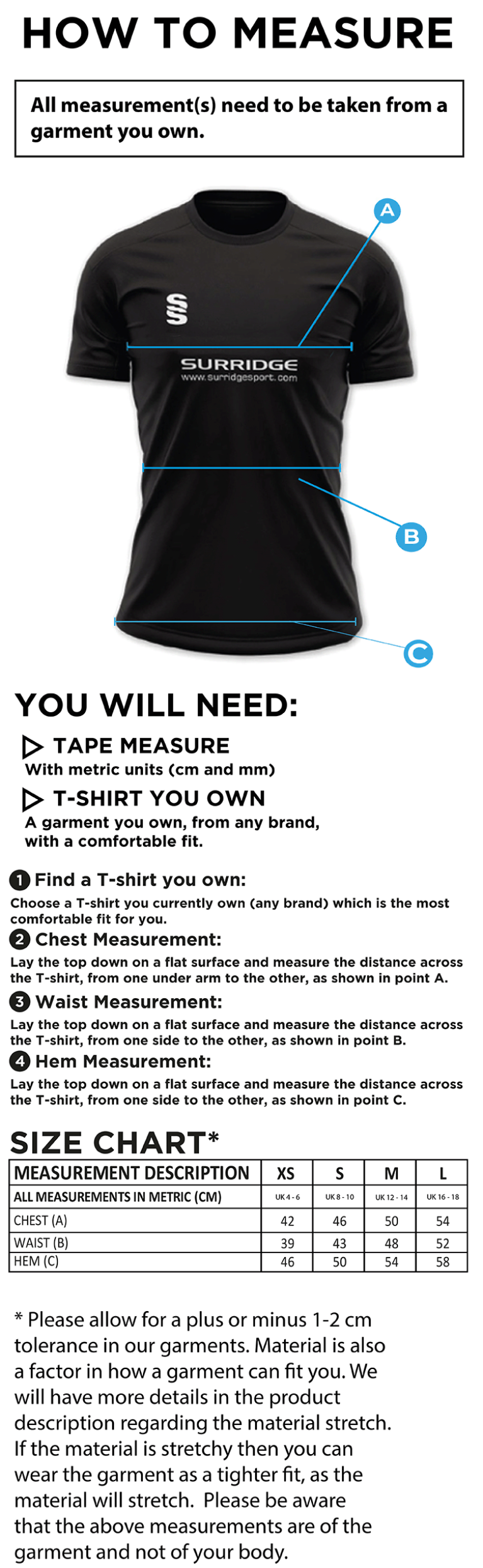 Totteridge Millhillians CC - Women's Dual Games Shirt - Size Guide