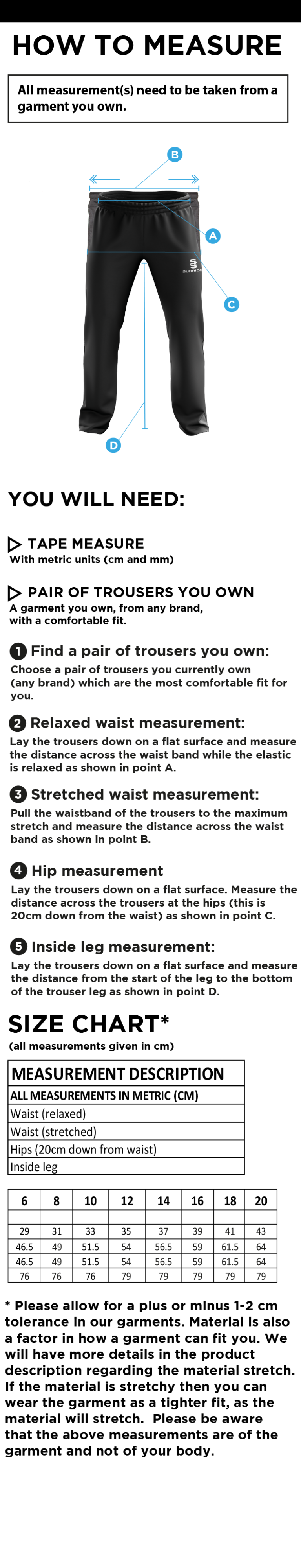 Totteridge Millhillians CC - Women's Rip stop Tracksuit Pants - Size Guide
