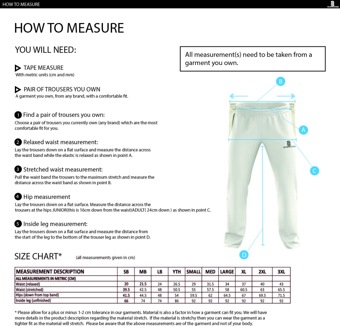 Totteridge Millhillians CC - Standard Playing Pant - Size Guide