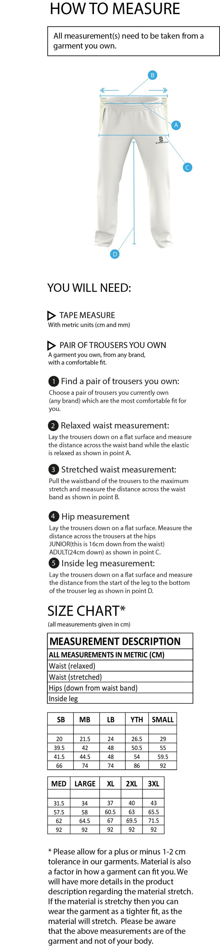 Totteridge Millhillians CC - Standard Playing Pant - Size Guide