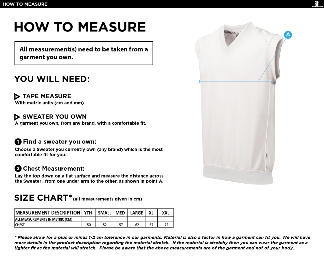 Totteridge Millhillians CC - Sleeveless Sweater - Size Guide