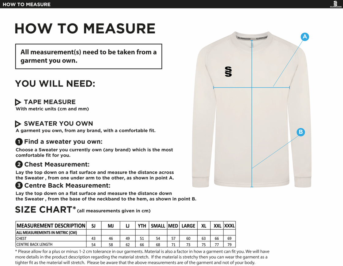 Blast Long Sleeve Cricket Sweater - Size Guide