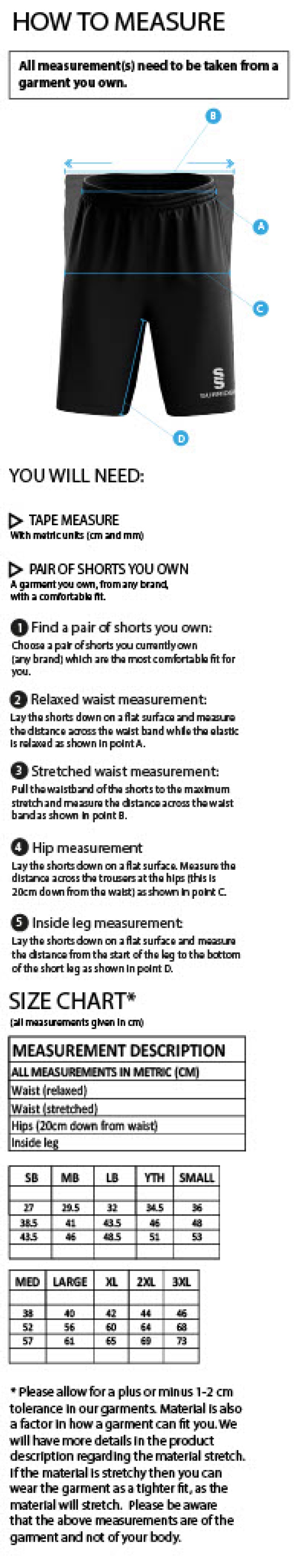 Totteridge Millhillians CC - Women's Ripstop Training Shorts - Size Guide