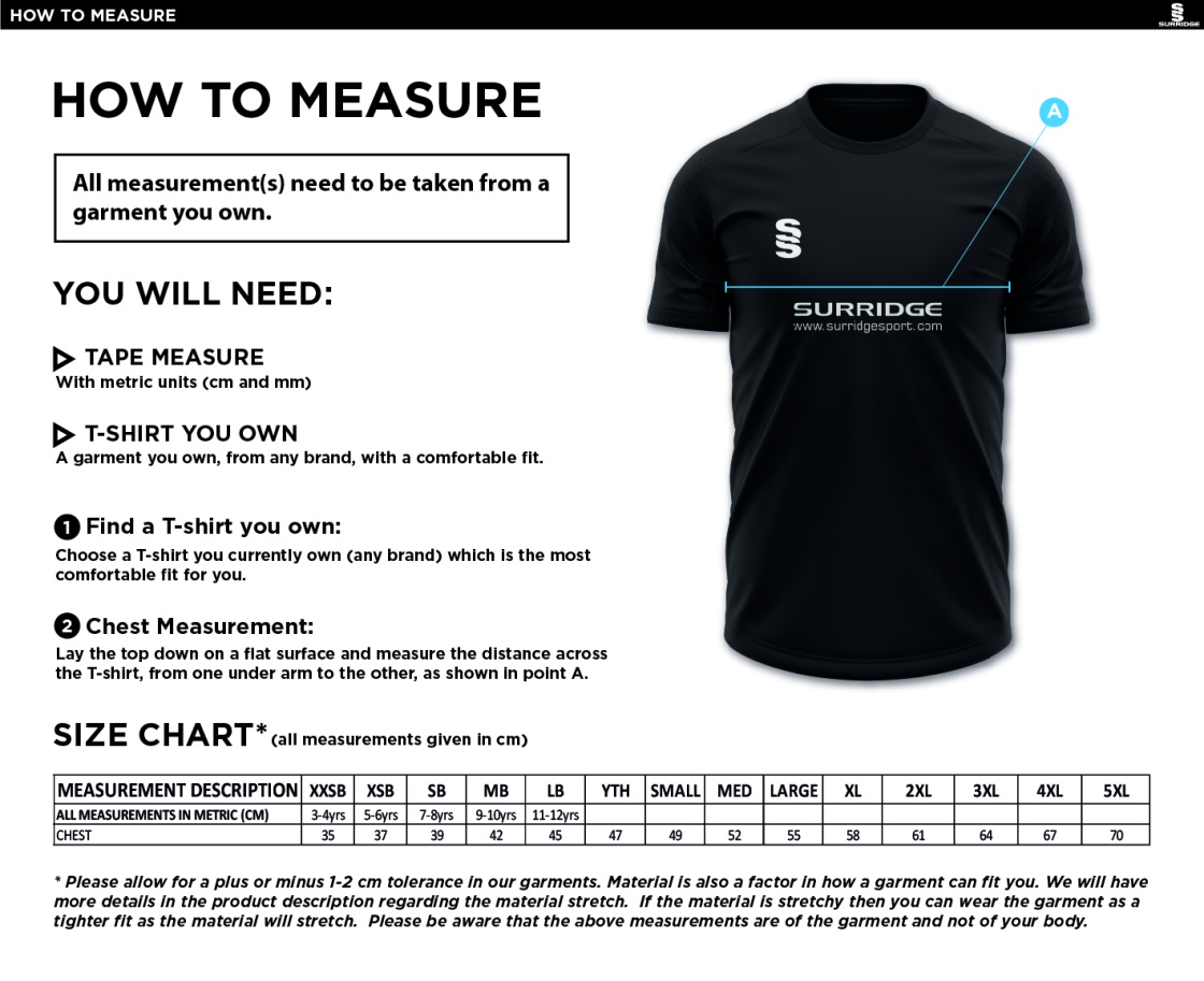 Totteridge Millhillians CC - Blade Training Shirt - Size Guide