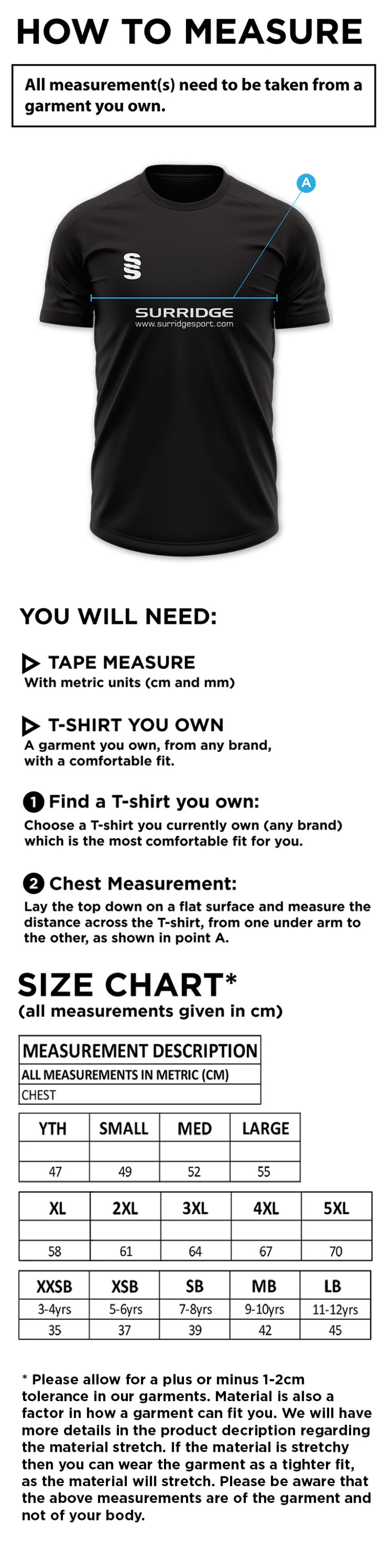 Totteridge Millhillians CC - Dual Games Shirt - Size Guide