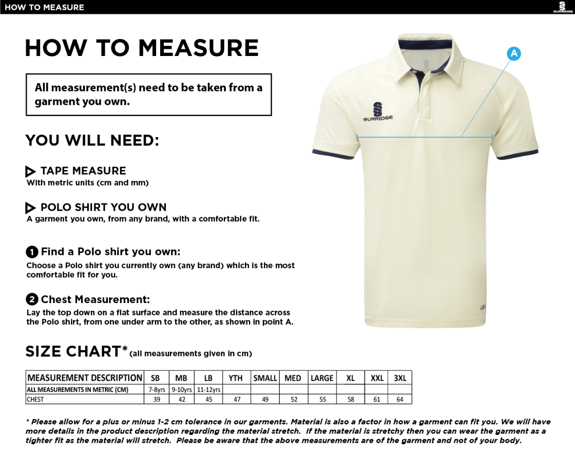 Totteridge Millhillians CC - Short Sleeve Tek Shirt - Size Guide