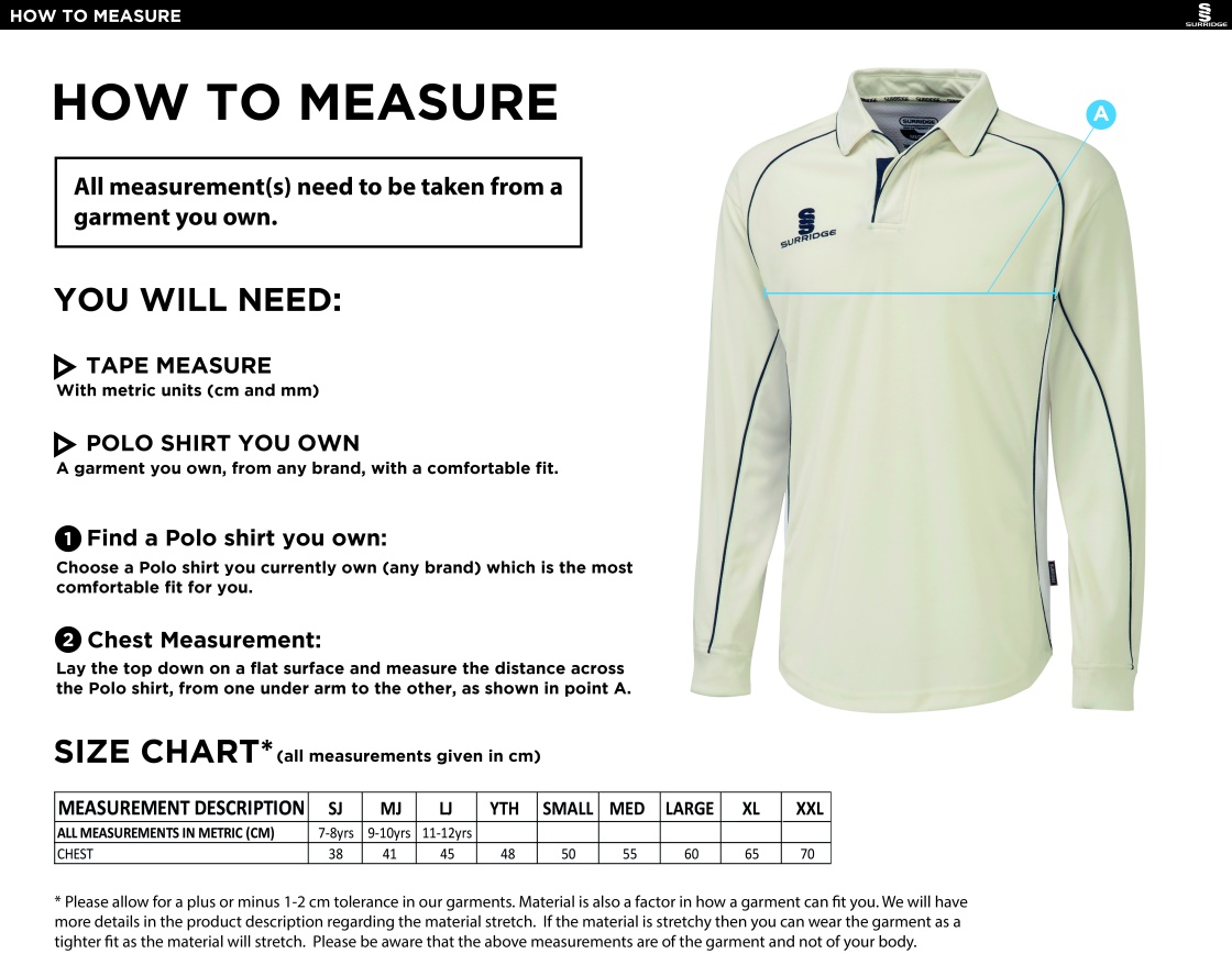 Totteridge Millhillians CC - Premier Long Sleeve Shirt - Size Guide