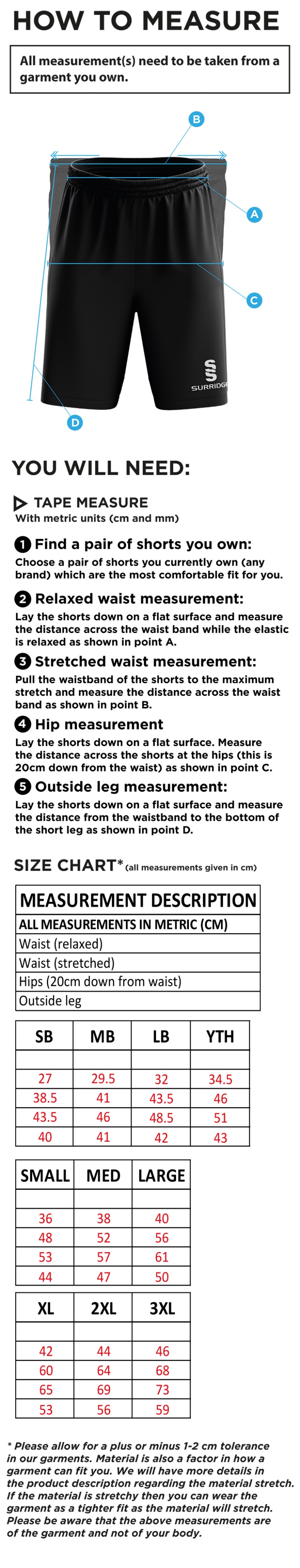 Totteridge Millhillians CC - Ripstop Training Shorts - Size Guide