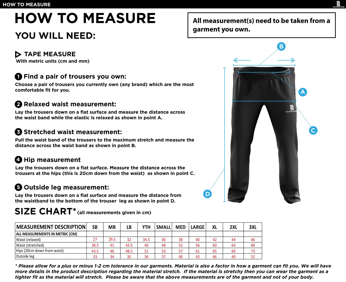 Totteridge Millhillians CC - Rip stop Tracksuit Pants - Size Guide