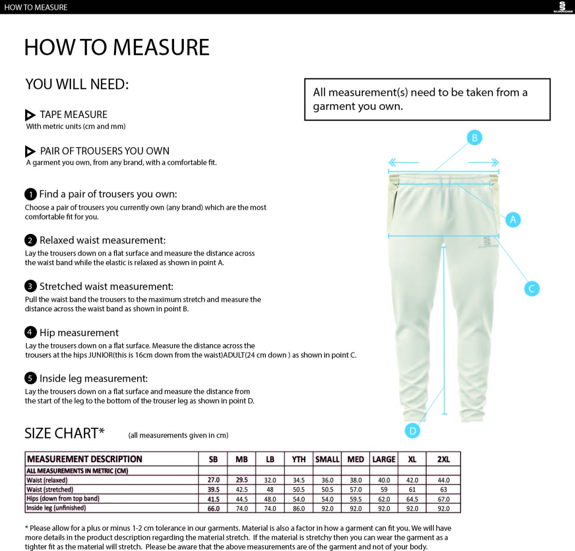 Totteridge Millhillians CC - Tek Playing Trousers - Size Guide