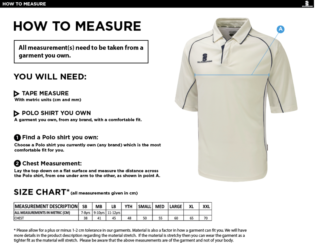 Totteridge Millhillians CC - 3/4 premier shirt - Size Guide