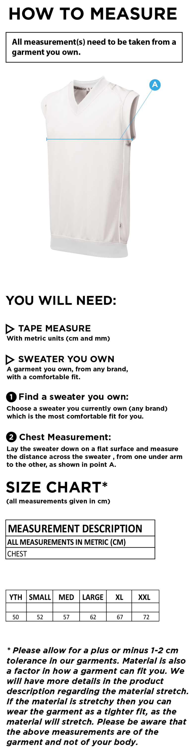 Totteridge Millhillians CC - Sleeveless Sweater - Size Guide