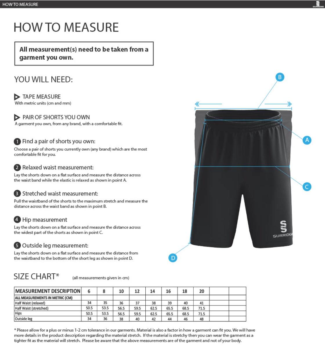 Totteridge Millhillians CC - Women's Ripstop Training Shorts - Size Guide