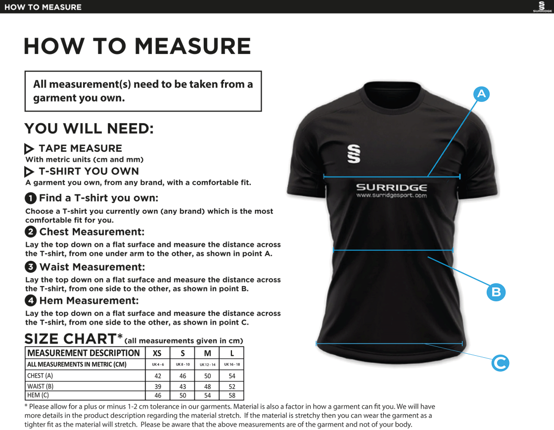 Totteridge Millhillians CC - Women's Dual Games Shirt - Size Guide