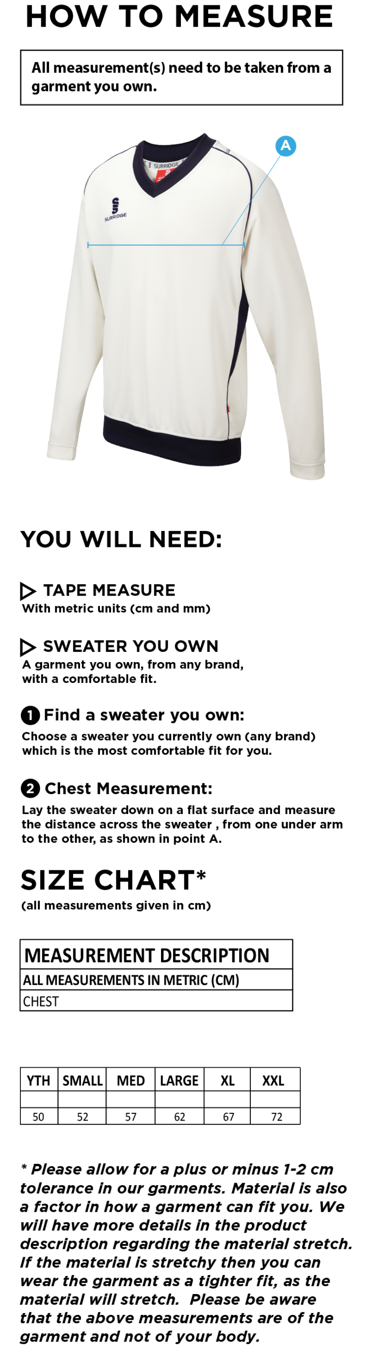 Totteridge Millhillians CC - Long Sleeve Sweater - Size Guide