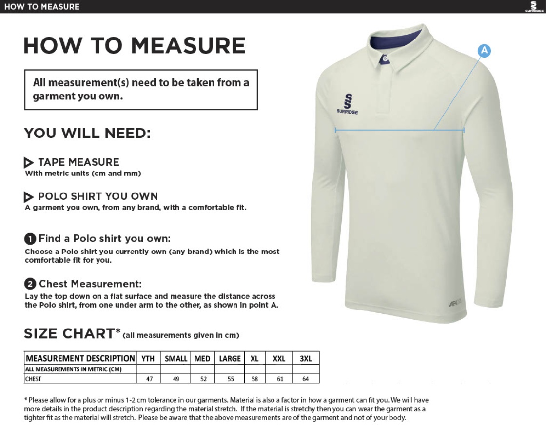 Totteridge Millhillians CC - Long Sleeve Tek Shirt - Size Guide