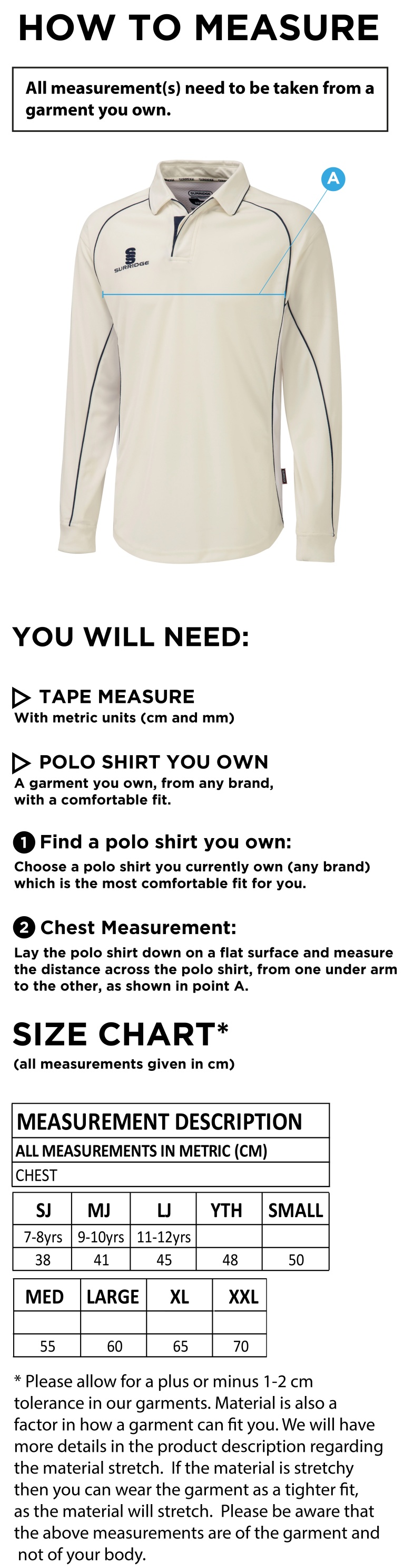 Totteridge Millhillians CC - Premier Long Sleeve Shirt - Size Guide